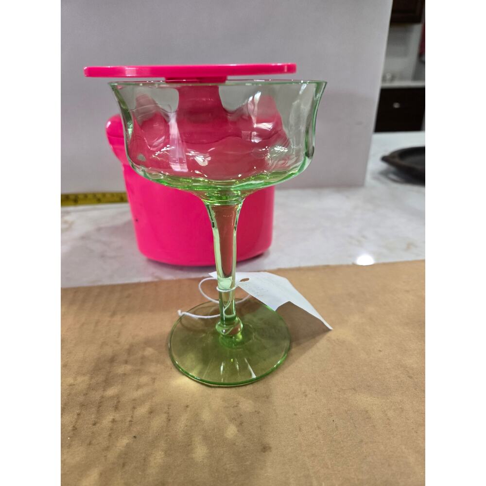 Vintage Long Stemmed Footed Green Uranium Glass Cocktail Glass Fostoria 1930s